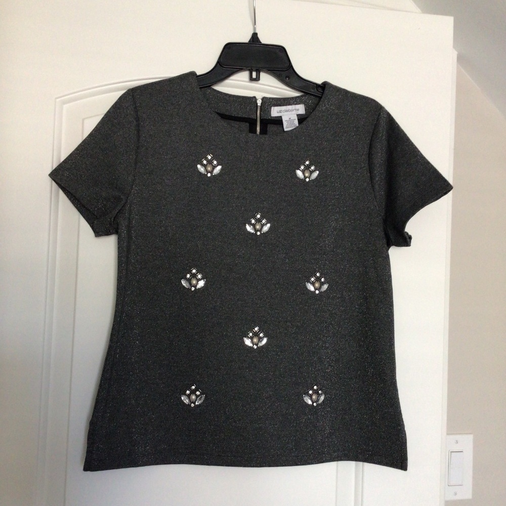 Liz Claiborne Short Sleeves Dark Gray Embellished Top Size M